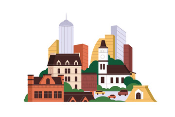 City architecture, modern new and old buildings, car road. Cityscape, urban landscape. High multistory and low-rise houses, constructions. Flat graphic vector illustration isolated on white background