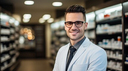 Fototapeta premium Handsome young male caucasian druggist pharmacist in white medical coat smiling and looking at camera in pharmacy drugstore