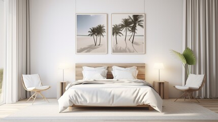 interior of bedroom with bed and poster frame on wall generated by AI tool 