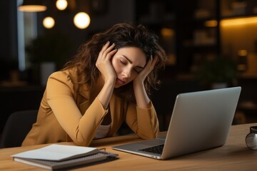 Exhausted businesswoman having a headache in modern office. Mature creative woman working at office desk with hands on head feeling tired. Stressed casual business woman feeling eye pain.