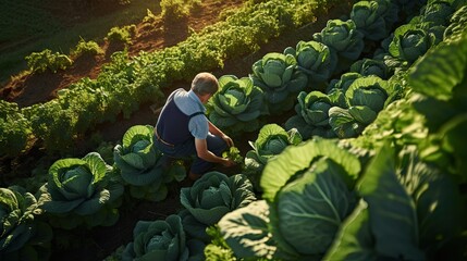 High angle, old farmer in a patch of fresh cabbage in his garden. - Powered by Adobe