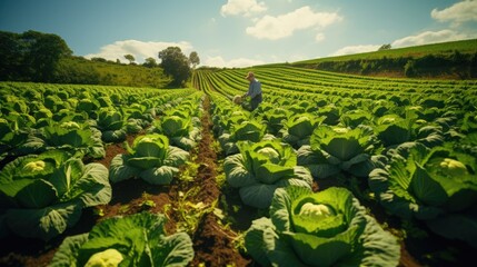 High angle, old farmer in a patch of fresh cabbage in his garden. - obrazy, fototapety, plakaty