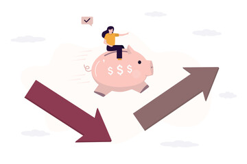 Confident woman rides piggy bank and jumps from falling arrow to rising one. Financial savings help overcome economic crisis. Good money management, smart businesswoman with wealth