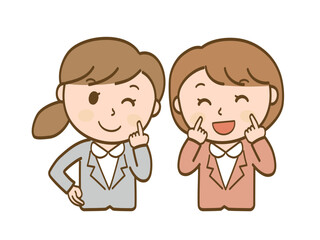 笑顔でかわいいポーズを取る女性会社員2人