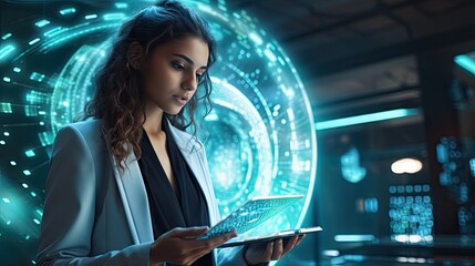A young woman is using futuristic cutting-edge technology to view phone information and functions to display holograms around her.