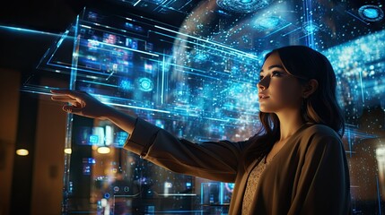 A young woman is using futuristic cutting-edge technology to view phone information and functions to display holograms around her. - obrazy, fototapety, plakaty