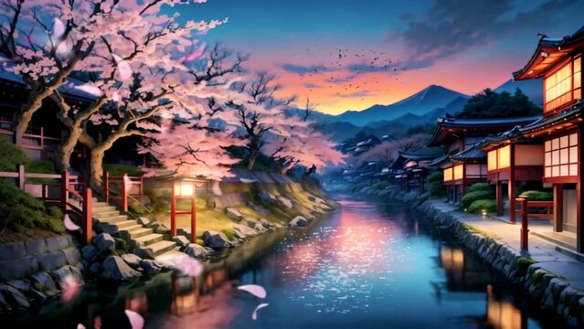 Fantasy view of traditional japanese house with cherry blossom trees in autumn. Japanese anime countryside background. Seamless looping virtual animation