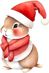 The rabbit bunny wearing santa hat for christmas winter holiday, cute watercolor clipart, christmas decoration card ,greeting, sublimation etc.