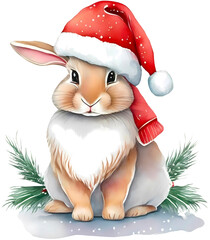 The rabbit bunny wearing santa hat for christmas winter holiday, cute watercolor clipart, christmas decoration card ,greeting, sublimation etc.