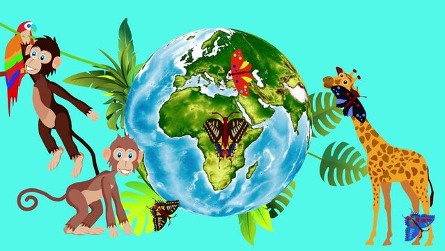 Wild animals monkey giraffe Butterflies flying around the rotation earth globe animation