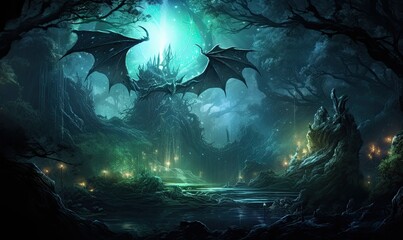 The enchanting fantasy forest landscape takes you on a journey into a world of magic and wonder.