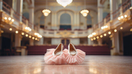 satin pink ballet shoes, pointe shoes lie on the theater stage, hall, ballerina outfit, rehearsal, performance, show, auditorium, clothing, architecture, formal, elegant - obrazy, fototapety, plakaty