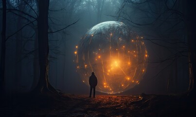 Dive into the realms of science fiction and exploration with a stunning photo of a man standing beside an otherworldly alien ship shaped like a glowing sphere.