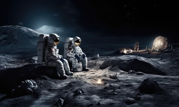 Imagine a new frontier with a stunning photograph depicting people embracing life on the moon, surrounded by a breathtaking lunar landscape.
