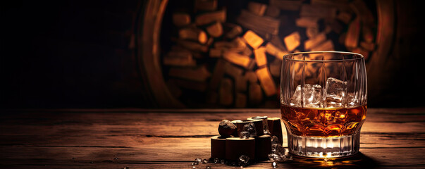 Whiskey glass on wooden table with luxury cigar. Alcohol cognac and cubanian cigar.