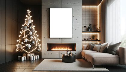 Merry Christmas and happy new year postcard mock up with copy space. Holiday concept. Christmas tree, fireplace, armchair in Modern holiday room interior. Mockup poster. Ai generative.