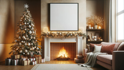 Merry Christmas and happy new year postcard mock up with copy space. Holiday concept. Christmas tree, fireplace, armchair in Modern holiday room interior. Mockup poster. Ai generative.