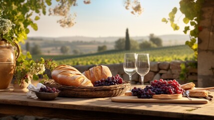 A picturesque vineyard breakfast scene, with a wooden table adorned with a rustic bread basket,...