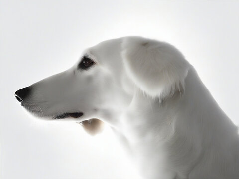 profile of a white tornjak in the light, on the white background, silhouette lighting