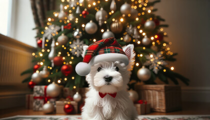 Fototapeta na wymiar New year present concept. A puppy under the Christmas tree. Dog in Santa hat. Ai generative.