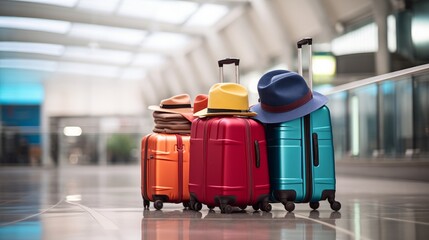 Vibrant luggage and a stylish hat arranged on a luggage cart in a contemporary airport terminal prior to departure on a journey