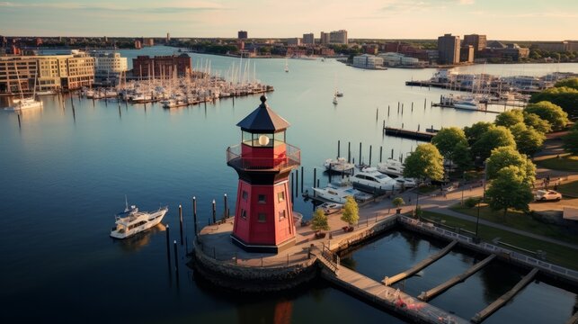 A bird's-eye view of the historic Seven Foot Knoll Lighthouse, situated in the inner harbor of downtown Baltimore, Maryland, United States