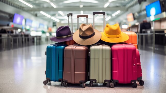 Vibrant luggage and a stylish hat arranged on a luggage cart in a contemporary airport terminal prior to departure on a journey