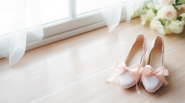 satin pink ballet shoes, pointe shoes lying on the floor, footwear, store, shopping, fashion, beige, background, backstage, ballerina outfit, fashion, style, clothing, wardrobe