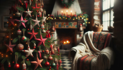 Fototapeta premium Merry Christmas and happy new year postcard mock up with copy space. Holiday concept. Christmas tree, fireplace, armchair in Modern holiday room interior. Red colors. Ai generative.