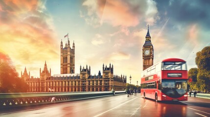 Fototapeta na wymiar In London, United Kingdom, a classic red double-decker bus in action with the iconic Big Ben and the Palace of Westminster in the background, all captured in a vintage and retro aesthetic