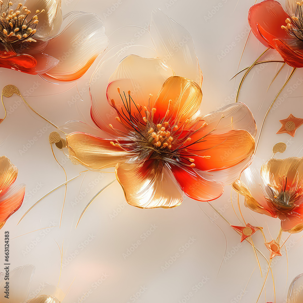 Wall mural seamless watercolor flowers in red and yellow pattern background