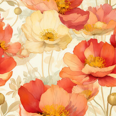 Seamless watercolor flowers in red and yellow pattern background