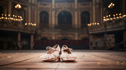 Obraz na płótnie Canvas satin pink ballet shoes, pointe shoes lie on the theater stage, hall, ballerina outfit, rehearsal, performance, show, auditorium, clothing, architecture, formal, elegant