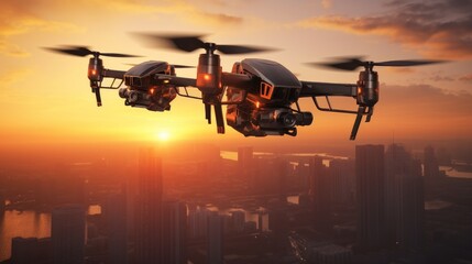 Two quadcopter drones equipped with high-resolution digital cameras soaring through the mesmerizing orange hues of a sunset sky.