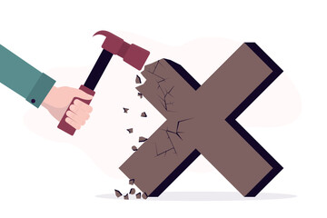 Stop obsessing over mistakes. Hand uses hammer and smash big cross sign. Beginner learning from mistake for career growth or being more professional,