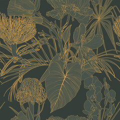 Cotton fabric Foliage seamless pattern, protea plant, Alstroemeria flower, branches, leaves line art ink drawing in golden line.