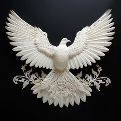 Fototapeta premium white dove flies on a black background, sculpture, bird, symbol of peace, beautiful, nature, animal, decorative, handmade, design, pigeon, wings, feathers, flight, elegant, figurine
