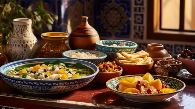 A refined Middle Eastern breakfast spread, featuring golden bowls of creamy labneh, fresh pita bread, and a selection of vibrant, jewel-toned olives, all set against a backdrop of ornate Moorish tiles