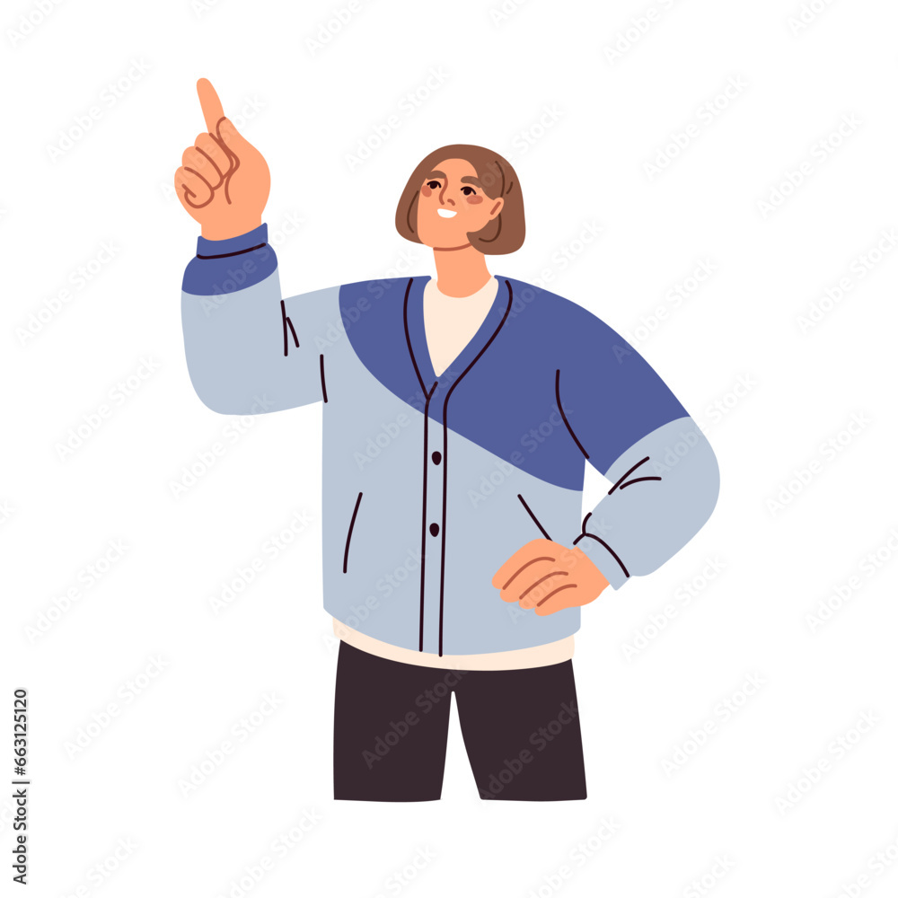 Poster happy man looking up, pointing, indicating with finger. excited smiling guy showing something, gestu