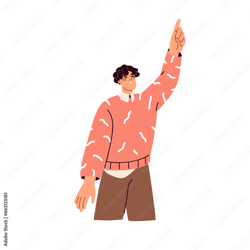 Poster man looking up, pointing at something. male character showing, indicating, gesturing with hand, arm.