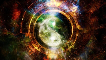 Yin Yang Symbol in maya calendar. Cosmic space background. - obrazy, fototapety, plakaty