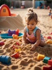 A  baby in a sandbox with colorful toys and let them dig, build, and play with sand.