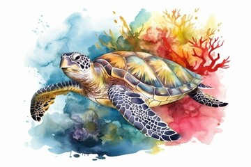 A turtle with fish swims near corals and algae in a watercolor illustration of tropical marine animals. Generative AI