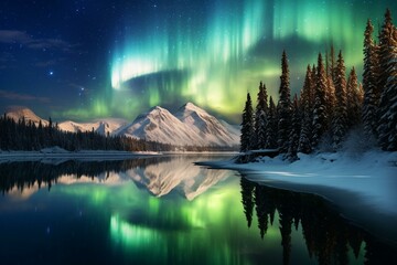 Aurora over snowy mountain lake. Generative AI