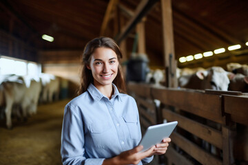Fototapeta premium An agricultural specialist inspects a farm. Keeping and raising cows and cattle. Quality control in the production of dairy products. Farmer.