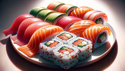 Surtido de sushi fresco y colorido Generative AI - obrazy, fototapety, plakaty