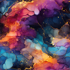 Seamless rainbow abstract alcohol ink shapes with gold background, ai generative