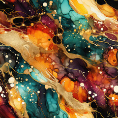 Seamless rainbow abstract alcohol ink shapes with gold background, ai generative