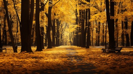 A serene forest with golden leaves falling gently, creating a mesmerizing carpet on the ground