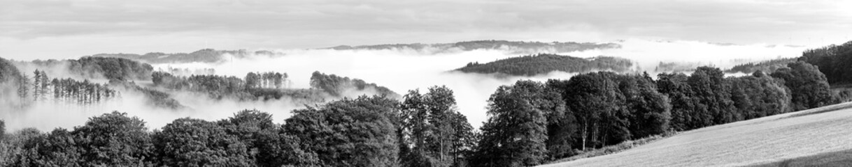 Sauerland panorama with hills and lenne valley covered mixed forest on a misty october morning. Mystic autumn atmosphere near Altena, Lüdenscheid and Iserlohn. Black and white landscape, wide angle.